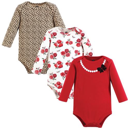 Hudson Baby Infant Girl Cotton Long-Sleeve Bodysuits, Red Rose Leopard