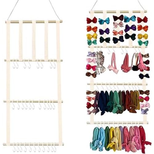 Headband Holder Hair Bows Organizer for Baby Girls Large Capacity Bow Holder Hair Accessories Wall Hanging Organizer for Toddler Baby Girl Nursery Room Decor (Beige-1)