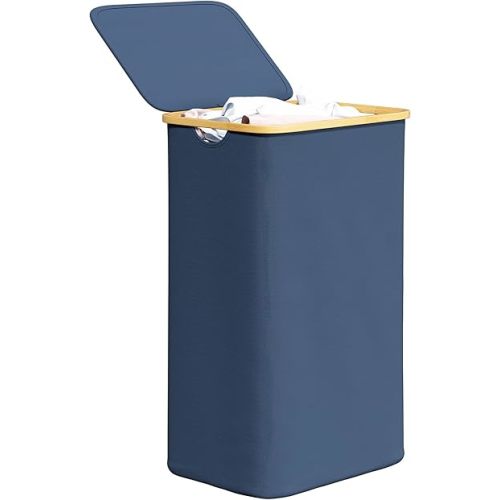 SpaceAid Laundry Hamper with Lid, 110L Large Tall Clothes Basket Bin with Bamboo Handles, Collapsible Laundry Hamper for Bedroom, Bathroom, Dorm, Laundry Room - Blue