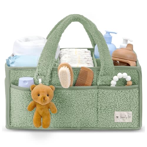Sweety Fox Baby Diaper Caddy Organizer with Handle - Portable Sherpa Nursery Basket - Car Diaper Organizer, Cleaning Caddy, Gift for Baby Shower - Green