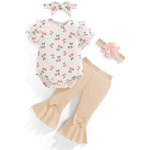 Vibebox Baby Girl Clothes Newborn Preemie Summer Outfits Short Sleeve Ruffle Romper Tops Bell Bottoms Pant Sets with Headband