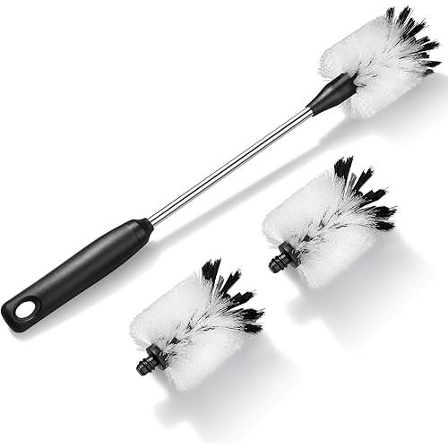 Water Bottle Cleaning Brush with 2 Replaceable Heads, Compatible with Sport Bottles, Tumblers, Mugs, Wine Decanters, Glassware, 15 in, White