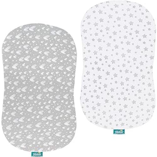 Bassinet Sheets Compatible with Halo Bassinest Swivel, Flex, Glide, Premiere & Luxe Series Sleeper, 2 Pack, 100% Jersey Knit Cotton Sheets, Breathable and Heavenly Soft, Grey and White Print for Baby