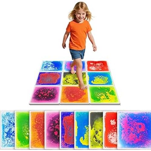 Liquid Sensory Floor Tiles for Kids Ages 3+, 12" Step-On Sensory Tiles with Non-Slip Base, Interactive Color-Flow, Assorted Colors, Classroom & Group Activity Set (9-Pack)