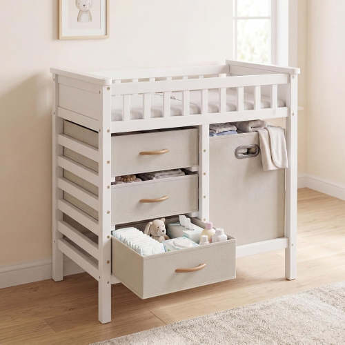 INFANS Wooden Baby Changing Table with 3 Fabric Drawers & Laundry Hamp – Infansbaby
