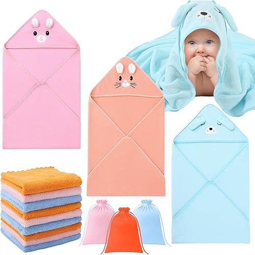 12 Pcs Baby Bath Towels Set, 3 Pcs Animal Hooded Baby Towels and 9 Pcs Washcloths Set for Newborn Infants Toddlers Ultra Absorbent Cute Soft Baby Towels for Boys Girls 31x31 inch