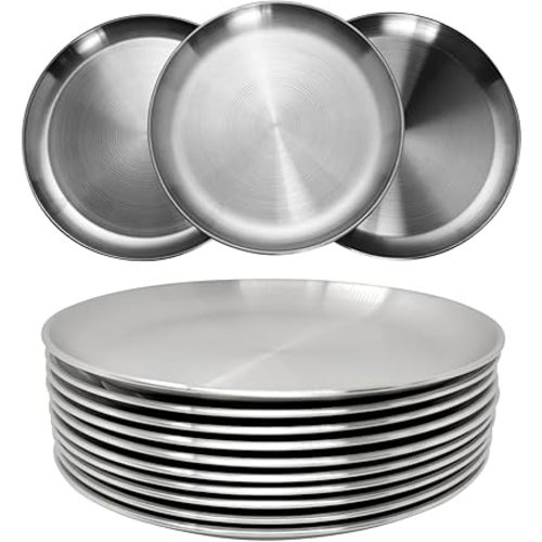 CAMBUY Stainless Steel Plates 9 inch 304 Metal Lightweight Unbreakable Dinner Dishes Plates Set Non-Toxin Dishwasher Safe BPA Free and Healthy (10 Pcs)