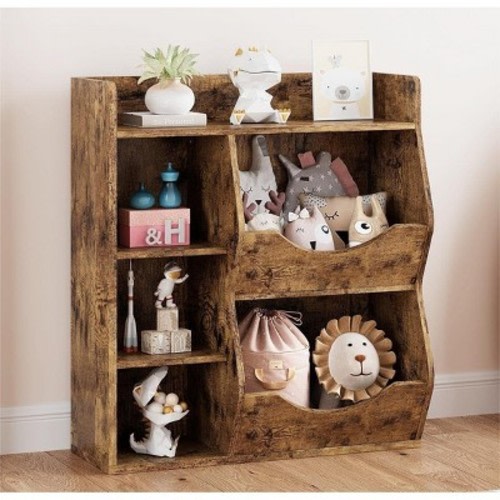 Acekool Kids Bookshelf and Toy Storage Organizer, 3-Tier Bookcase with 5 Cubes, Double-Sided Display & Top Shelf for Playroom, Bedroom, Brown