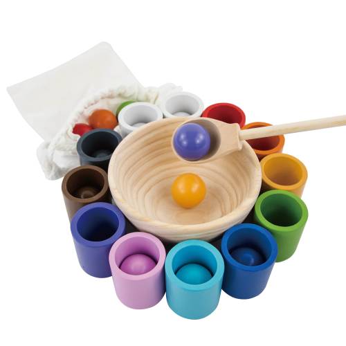 Montessori Cognitive Color Matching Cups & Balls Educational Wooden Toys for Toddlers, Waldorf Rainbow Ball Color Sorting Preschool Learning