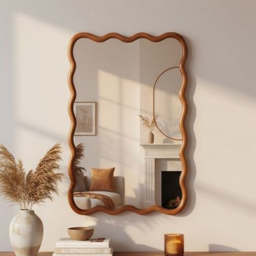 24" x 36" Modern Wavy Rectangle Wall Mirror, Brown Decorative Mirror, Wall-Mounted or Leaning Accent Mirror for Living Room-Panipeachy