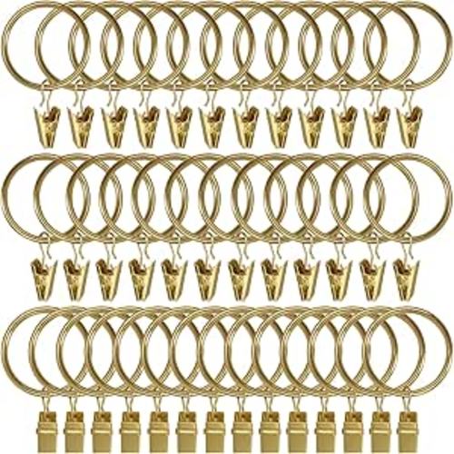 WeeksEight 40 Pack Gold Curtain Rings with Clips, Curtain Hooks Hangers Clip Rings for Hanging Drapes Bows Hat, Drapery Rings 1.5 in I D, Fits up to 1.2 in Diameter Curtain Rod.