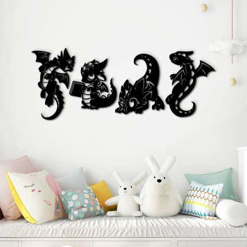 Dragon wall decor wood wall art. Decorative set of 4 dragons. Wooden wall hanging. Custom dragon nursery decor. Dragon lover birthday gift