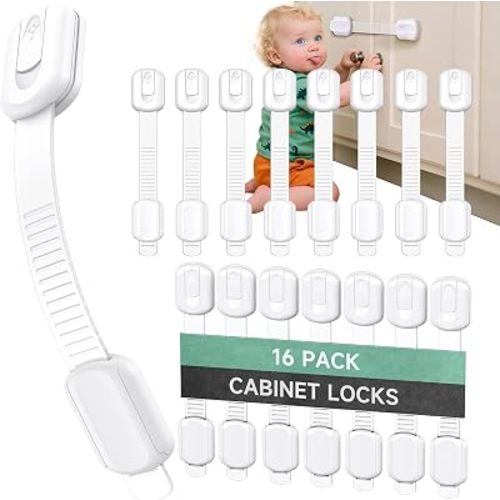Infinno 16 Pack Cabinet Locks Baby Proofing Heavy Duty - Child Safety Cabinet Locks for Drawers, Cupboards & Fridge – No Drill 3M Adhesive Locks for Pets - Toddler Safety Latches