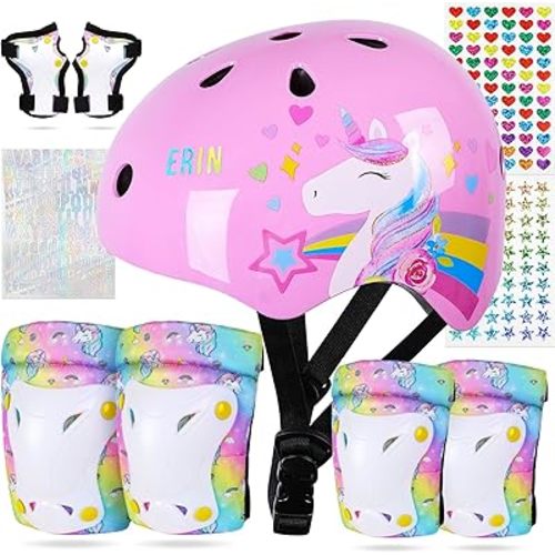 FIODAY Kids Bike Helmet, Toddler Helmet Knee and Elbow Pads Wrist Guards Adjustable Protective Gear Set with DIY Sticker for Girls 3-5-8 Years for Skateboard Inline Skating Scooter