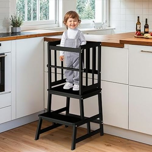 COSYLAND Kitchen Nursery Step Stool for Kids,Solid Bamboo Toddlers Standing Tower with Removable Safety Rail,Large Standing Tower for Kitchen Counter, Kids Learning Stool Black