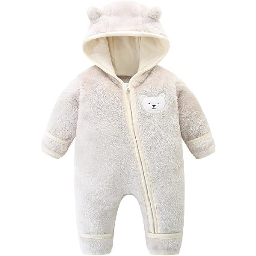 Newborn Baby Fleece Jumpsuit Unisex Infant Bear Hooded Onesie with Mitten Cuffs Winter Warm Snowsuit Outfit