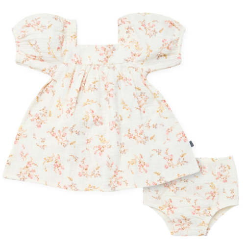 2-Piece Baby Girls Ivory Bunches Floral Puffed Sleeve Dress and Diaper Cover Set