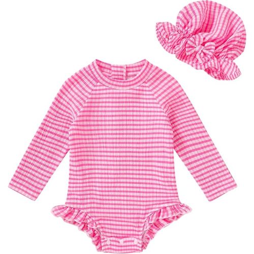 Infant Baby Girl Swimsuit One-Piece Long Sleeve Rash Guard with Hat Set Floral Zipper Bathing Suit Leopard Beach Wear