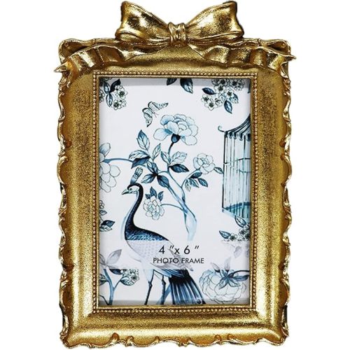 BLYBH Vintage Picture Frame 4x6 Bowknot Retro Photo Frames, Tabletop & Wall Hanging Ornate Antique Picture Frame with High Definition Glass, Gold