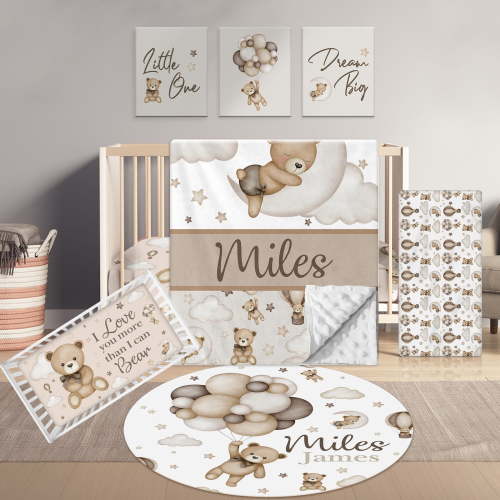 KAINSY Personalized Baby Bedding Set,Custom Name Crib Bedding Set,5 Pcs Flannel Nursery Bedding Set for Baby Boy Girl,Brown Bear Soft Double Layer Baby Crib Set,Customized Gift for Toddler