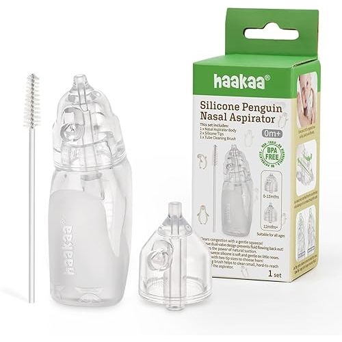 Haakaa Penguin Nasal Aspirator for Baby – Blocked Nose Relief: Works by Suction – BPA, PVC & Phthalate-Free – Food-Grade Silicone – Easy-to-Clean – Fluid Measurement