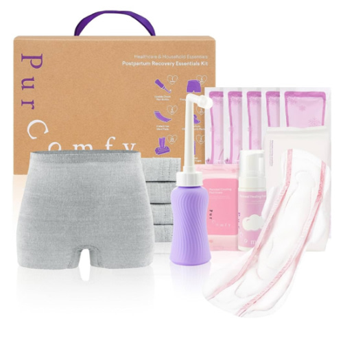 18 Pcs Postpartum Essentials Recovery Kit, Includes 5 Disposable Underwear, 24 Perineal Soothing Pad Liners, Perineal Soothing Foam, 5 Instant Ice Pads, Peri Bottle and 5 Postpartum Pads