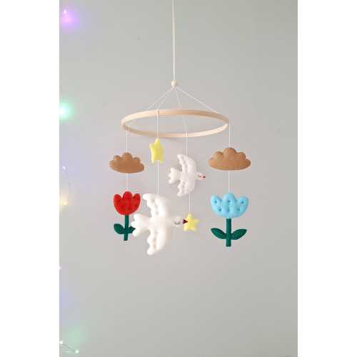 Felt Doves & Flowers Baby Mobile – Floral Crib Mobile, Folk Art Nursery Decor, Whimsical Baby Shower Gift, Gender Neutral Mobile