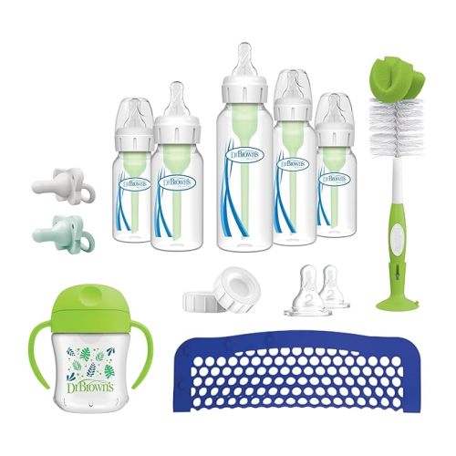 Dr. Brown's Natural Flow Anti-Colic Options+ First Year Feeding Set with Newborn Baby Bottles, Soft Spout Transition Cup, Bottle Cleaning Brush & 100% Silicone HappyPaci Pacifier, 0m+