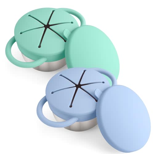 Mity rain 2-Pack Stainless Steel Snack Containers for Toddlers with Spill-Proof Silicone Lids & Handles - 3-in-1 Baby Snack Cups, No-Spill Toddler Snack Box, Perfect for On-The-Go Healthy Eating