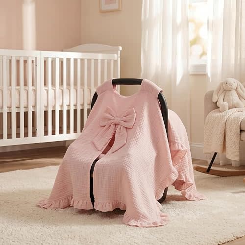 Tegeme Pink Baby Carseat Cover with Bow 100% Cotton Car Seat Canopy Cover 32 x 44 Inches Soft Breathable Canopy for Girls Boys Stroller and Cart Carseat Nursing Covers for Newborn
