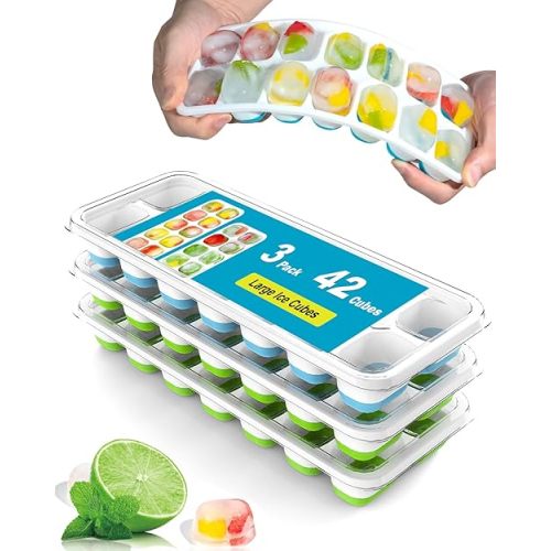 Ice Cube Trays for Freezer - 3 Pack 42 Cubes, Easy to Release Silicone Ice Trays with Spill-Resistant Lids, Reusable Ice Tray,Stackable and BPA-Free, Perfect for Cocktails, Drinks,and Ice Coffee