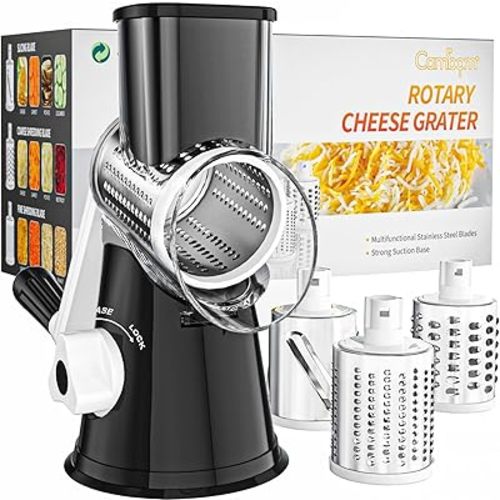 Cambom Rotary Cheese Grater Hand Crank Cheese Shredder for Fresh Cheese, Vegetable, Nuts,Non-slip Suction Base, Free Cleaning Brush Three Blades, Black