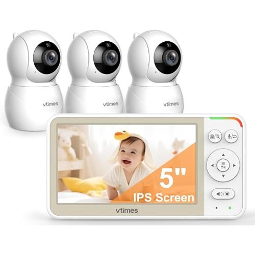 VTimes Baby Monitor No WiFi, 5" Screen Video Baby Monitor with 32Hr Battery, Pan-Tilt-Zoom Camera, VOX Mode, Two-Way Audio, Night Vision, Temperature Display, Lullabies, 1000ft Long Range
