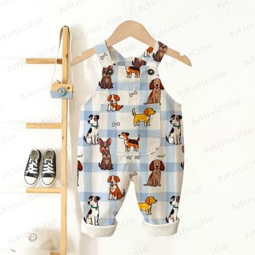 WOOF! Baby Toddler Dog Print Blue Checkered Overalls