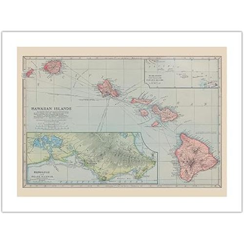Hawaiian Islands Map - Pearl Harbor Honolulu - Vintage Colored Cartographic Map by J. Martin Miller c.1899 - Bamboo Fine Art 290gsm Paper Print (Unframed) 24x32in