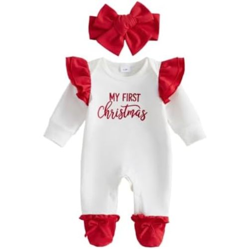 My First Christmas Baby Girl Outfit Footie Romper Headband 0-12M