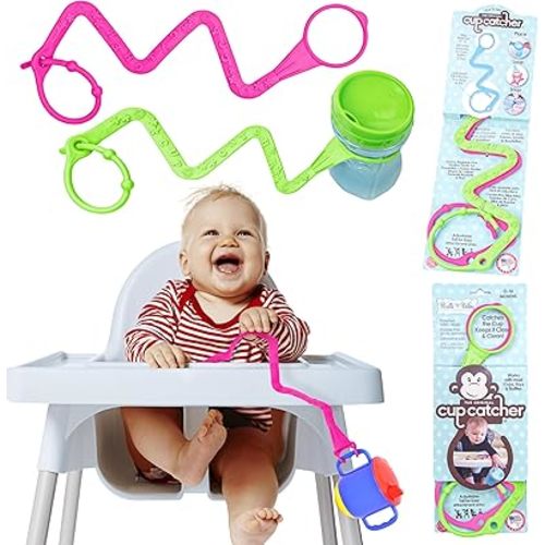 Brilli Baby Cup Catcher Patented Safety Tether Strap, Attach Sippy Cups, Bottles, Pacifiers & More to Stroller, High Chair, Car Seat, Made in USA, Food Grade, Dishwasher Safe, Pink/Lime
