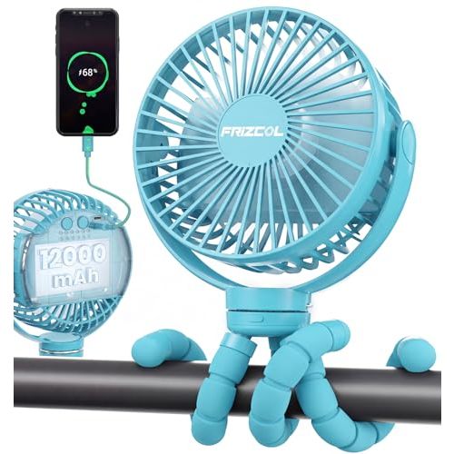 FRIZCOL 12000mAh Portable Stroller Fan 65Hours As Power Bank Baby Clip Fan | Portable Charger, Detachable Tripod, 3 Timers, Battery Operated Fan, Personal Mini Handheld/Desk USB Fan for Baby Car Seat