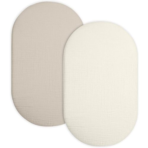 Bassinet Sheet for Baby Boy and Girl 2 Pack, Fitted Sheets for Rectangle, Oval, Hourglass Bassinet Mattress, Muslin Moses Basket Sheets with Neutral Style (Beige & Cream)