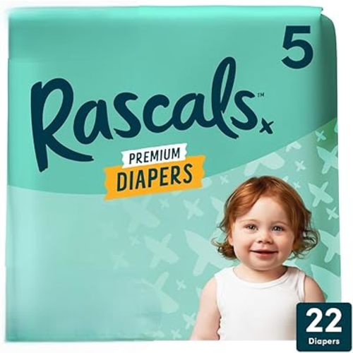 Rascals Premium Disposable Baby Diapers Size 5 I 22 Count I, Absorbent Core, Up to 12 Hours Leak Protection, Gentle on Skin, Secure Fit, Soft Comfort