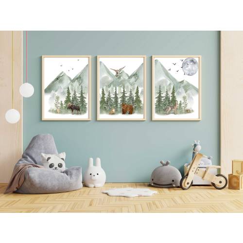 Woodland Nursery Prints: Green Mountain Animal Art, Set of 3
