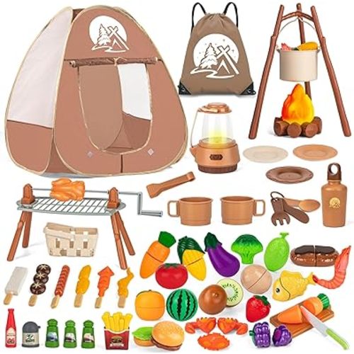 80PCS Kids Camping Toys Set with Play Tent Campfire Toys,Toy BBQ Grill Set,Pretend Cutting Play Food Set for Kid Kitchen, Indoor Outdoor Toys Pretend Playset for Toddler,Gifts for Boys Girls