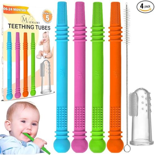 Baby Teether Tubes - Pack of 4 Hollow Teething Sticks with 1 Cleaning Brush & Toothbrush - 100% Food Grade Silicone, BPA Free, and Dishwasher Safe - 4 Vibrant Colors for 6-18 Months Babies