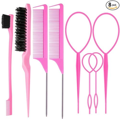8Pcs Hair Brushes Set with 4Pcs Topsy Hair Tail Tools 1Pcs Bristle Teasing Hair Brush 1Pcs Edge Control Brush 2Pcs Metal Pin Rat Tail Combs for Woman Girl hair Styling,Edge&Back Brushing,Pink