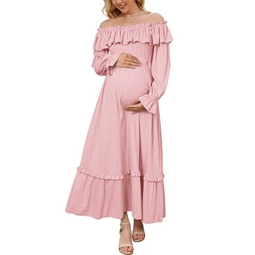 OUGES Women's Cotton Blend Off Shoulder Maternity Dress for Photoshoot Puff Sleeve Ruffle Baby Shower Maxi Dresses