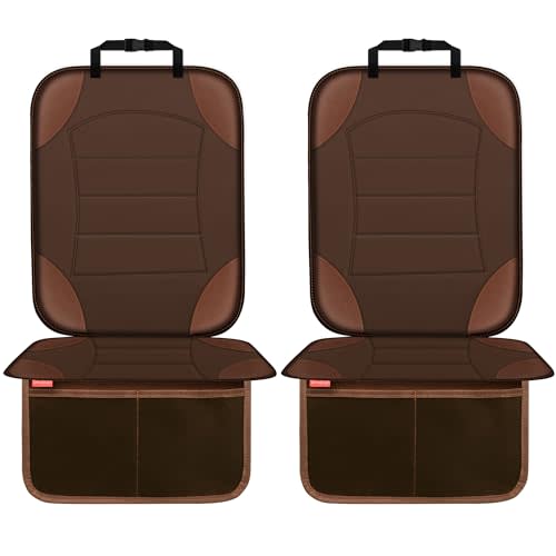 Sinvitron Car Seat Protector for Child Car Seat - Waterproof Non-Slip Leather Mat with 2 Mesh Pockets, Universal Seat Cover for Baby, Pets & Vehicles(2-Pack, Brown)