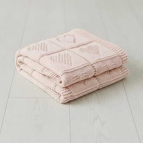 Baby Knit Cotton Blanket Pink Heart Pattern Soft Breathable Throw for Crib Or Stroller Nursery Gift Baby Shower Birthday Christmas Size 30x30