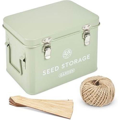 Seed Storage Box – Metal Seed Packet Organizer with Garden String and Bamboo Plant Labels. Seed Container Storage delivering complete Seed Saving Organization for every Garden Lover.