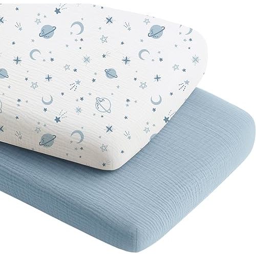Konssy 2 Pack Muslin Bassinet Sheets for Boys, Girls, 100% Cotton Soft Breathable Fitted Bassinet Mattress Sheet, 33 x 21 inches (Star,Blue)