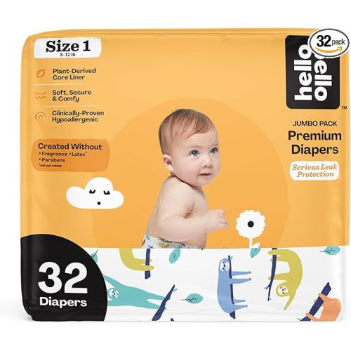 Hello Bello Premium Baby Diapers Size 1, 32 Count of Disposable, Extra-Absorbent, Hypoallergenic Baby Diapers with Snug and Comfort Fit, Sleepy Sloth